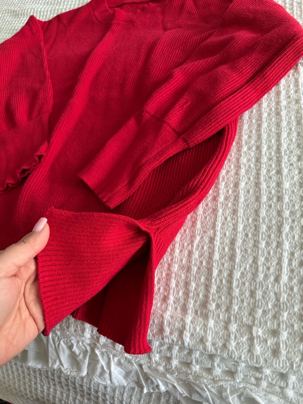Amazon Women’s Red Ribbed Scoop Crewneck Sweater - Picture 3 of 3